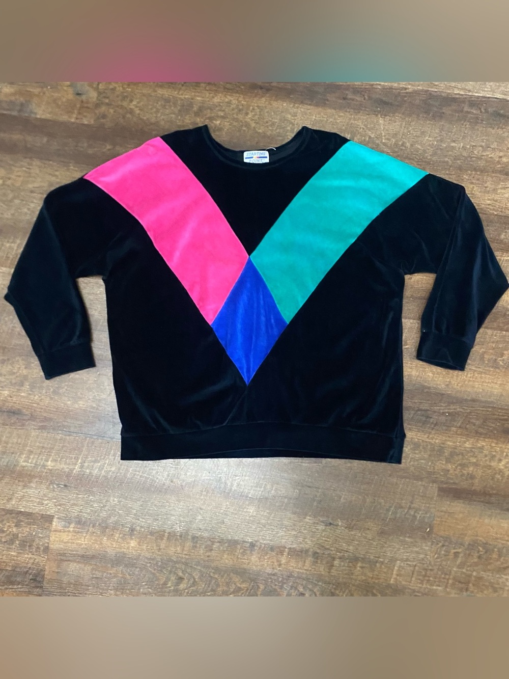 Vintage 80s/90s Starting Point 2X Colorblock Velour Sweatshirt Pink Teal Blue